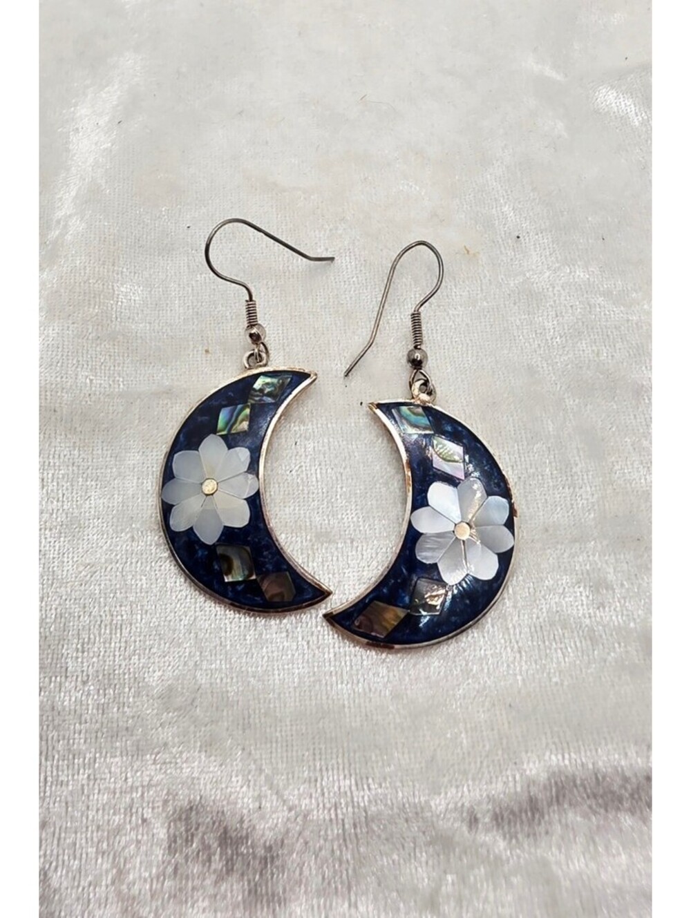Vintage Alpaca Mexico Crescent Moon Earrings Mother of Pearl Abalone Flowers